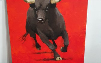 For sale: Original oilpainting by Enrique Pastor. Black bull. 55x45cm