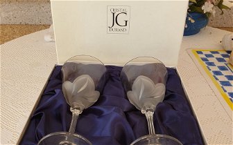 For sale: NEW Ideal gift  2 Beautiful Cristal Stemmed Wine Glasses in a presentation box. Ideal gift  Moving house on 7th Nov