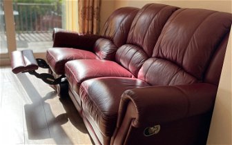 For sale: Maroon Fabric sofa 2 seater with push-down arm rests and Burgundy Leather Sofa 3 seater