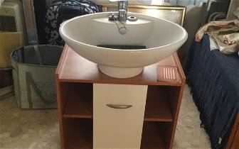 For sale: ABathroom wash hand basin on on wooden cabinet with Verdi ( green ) marble surround